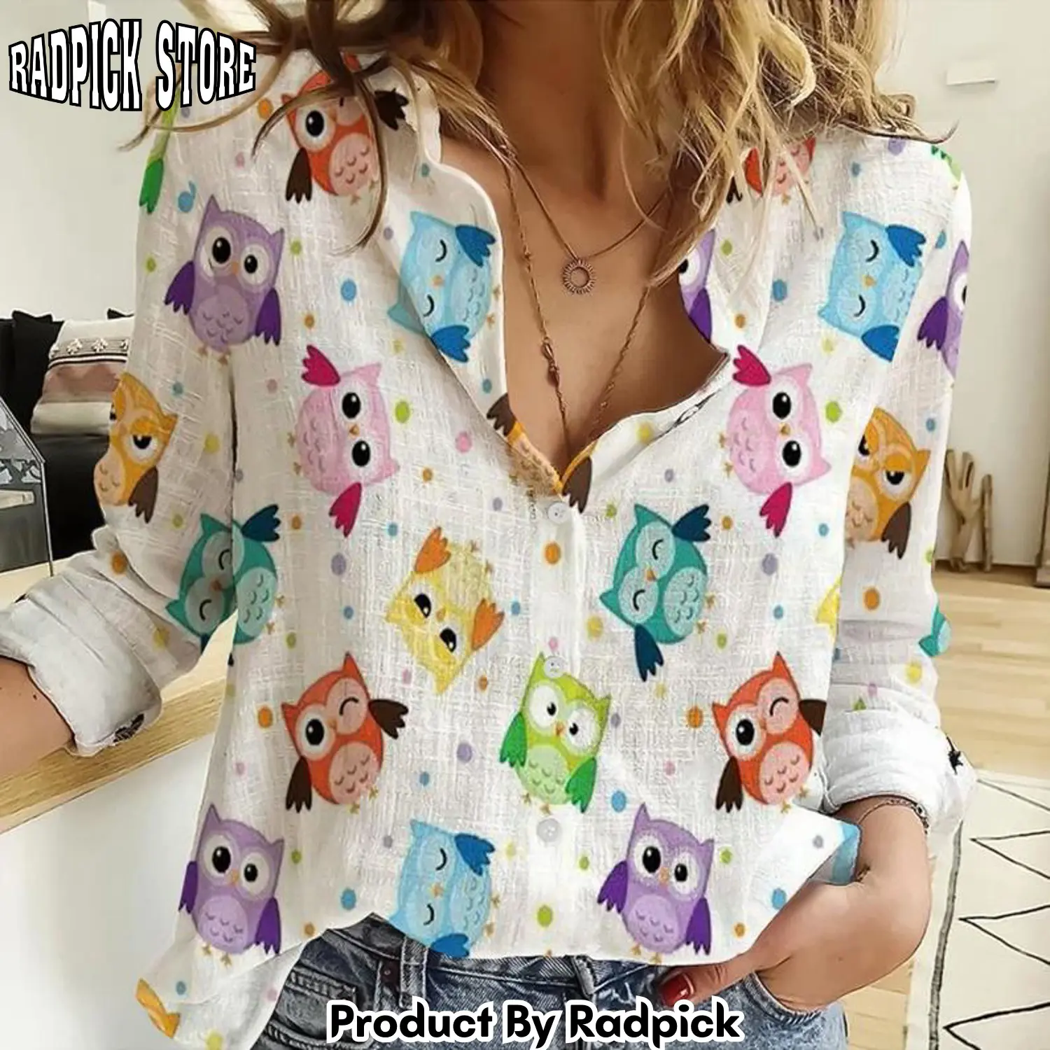 Radpick owl pattern 3d all over printed women casual shirt owl casual long sleeve button down shirt owl blouses for women owl women linen shirt rp662475